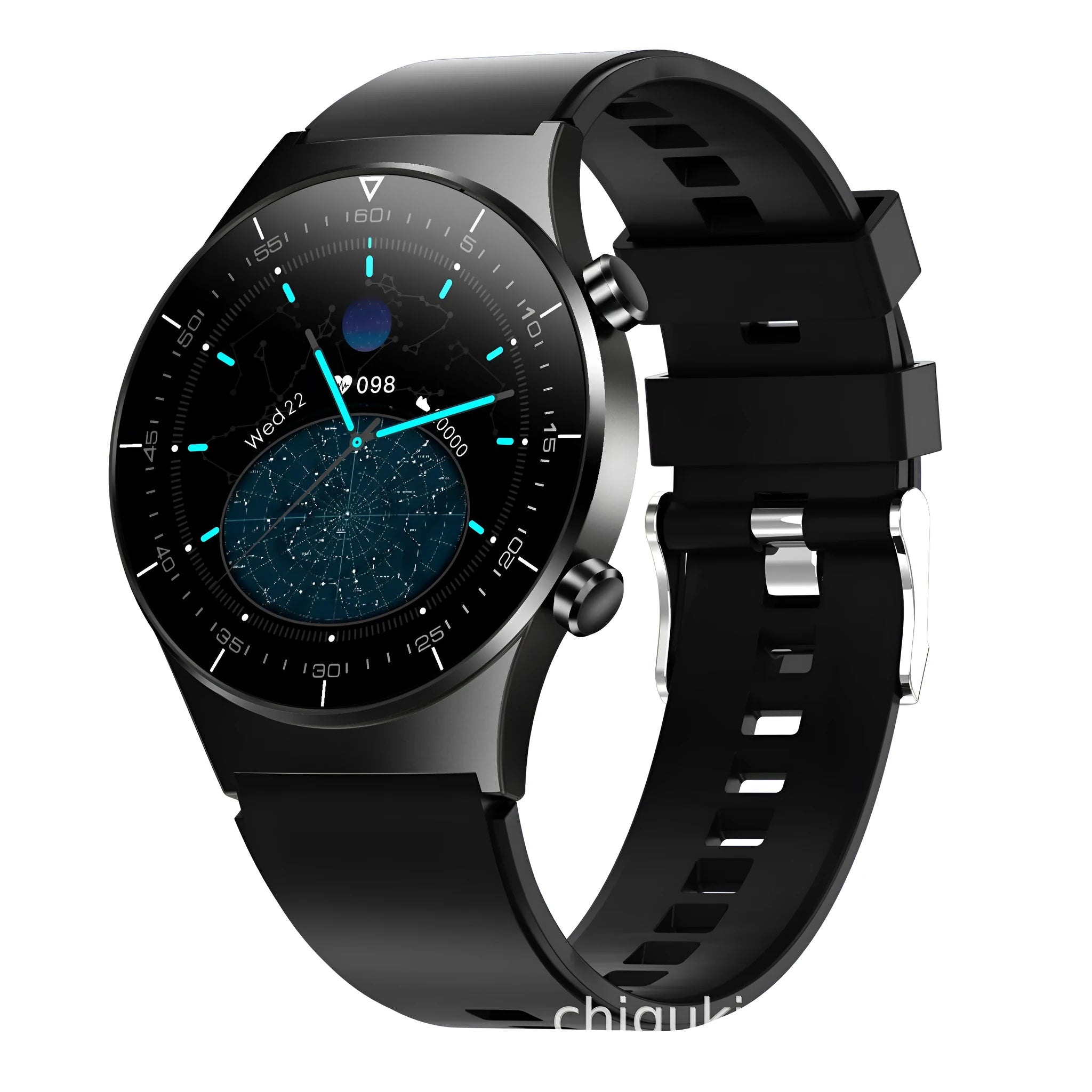 Black TPU smart watch with 1.28 inch glass touchscreen showing heart rate display