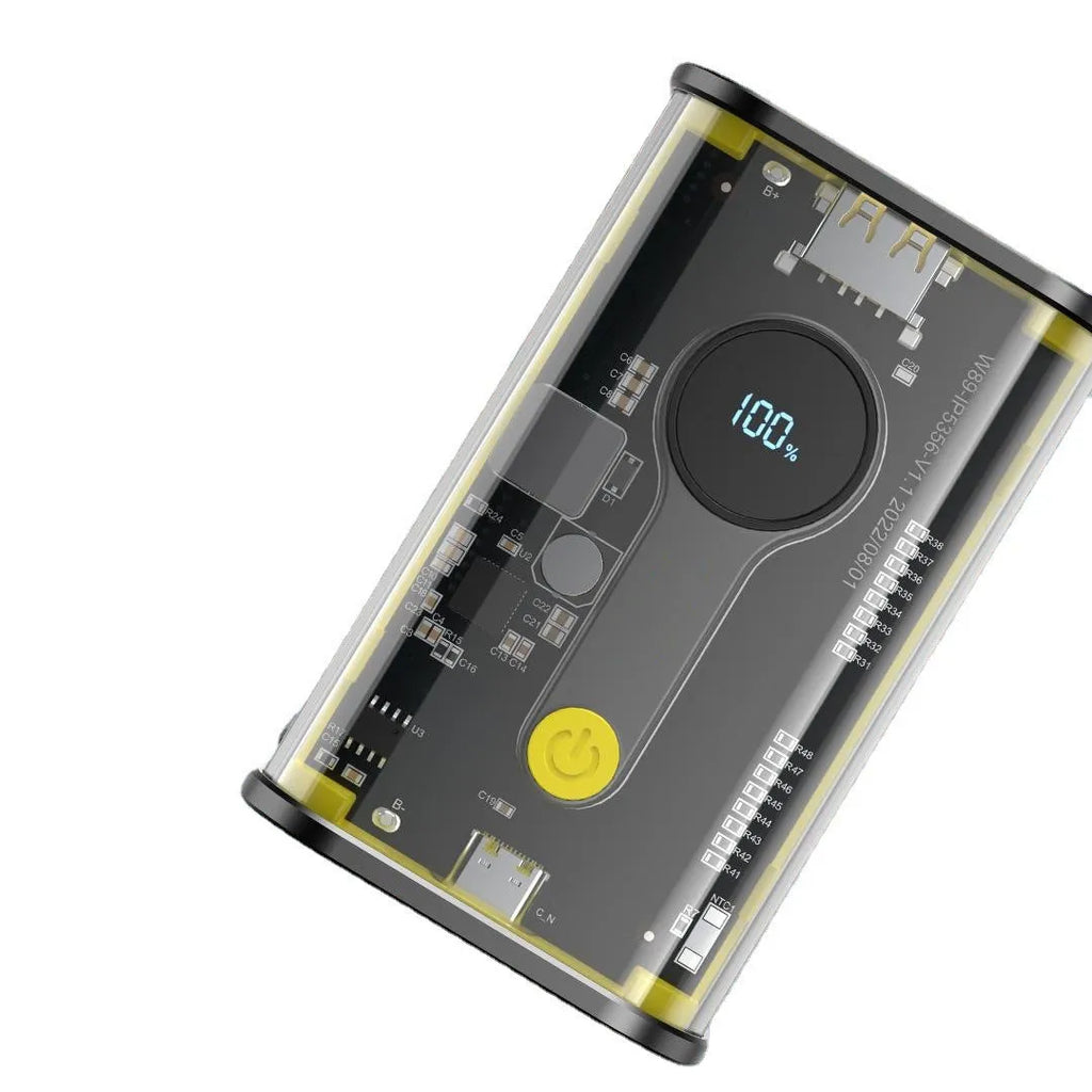 Transparent yellow industrial power bank showing internal aluminum battery case and components