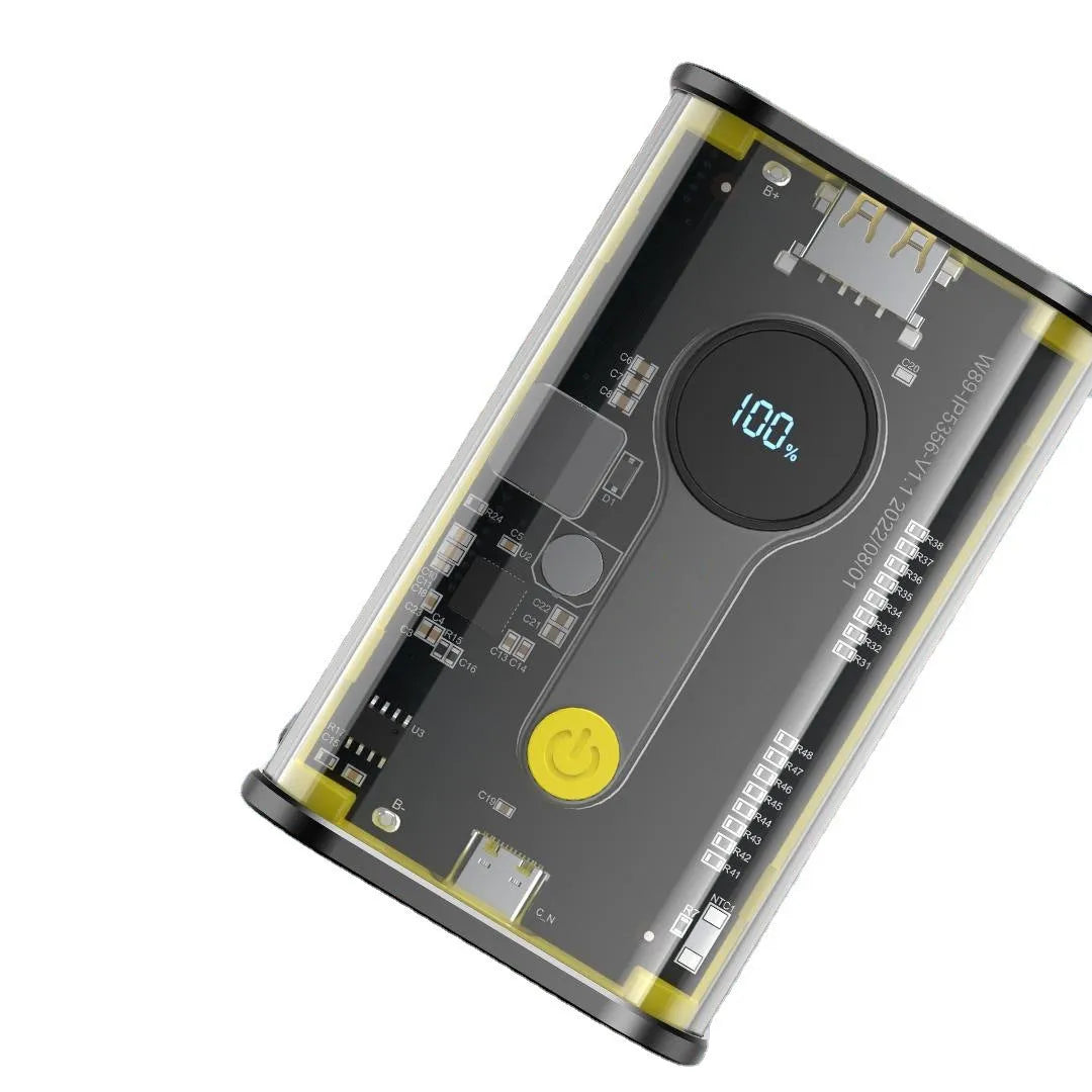Transparent yellow industrial power bank showing internal aluminum battery case and components