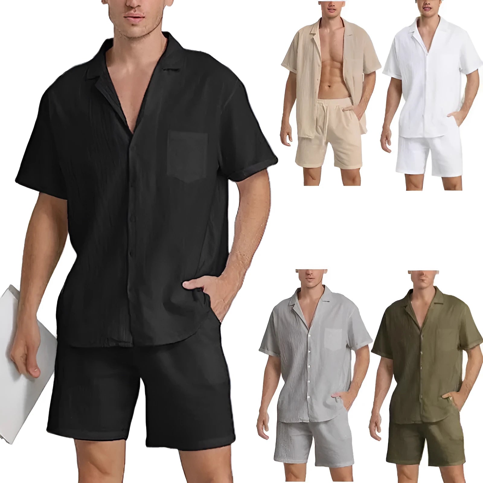 Men's flax summer sports shorts suit in army green with short-sleeved top and matching trousers