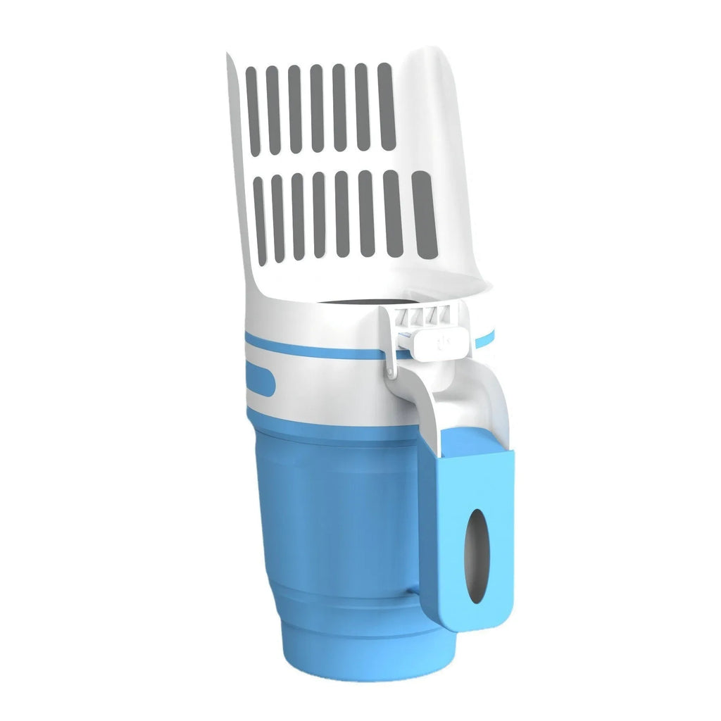 Grey, blue, and green cat litter scoop with attached waste compartment and foldable bottom.