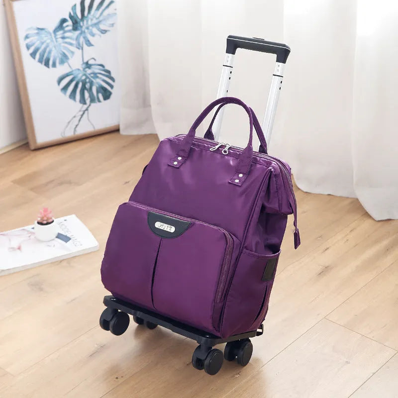 Folding Oxford cloth travel bag with soft handle and pull rod, shown in black, dark blue, wine red, purple, rose red and army green