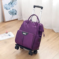 Folding Oxford cloth travel bag with soft handle and pull rod, shown in black, dark blue, wine red, purple, rose red and army green