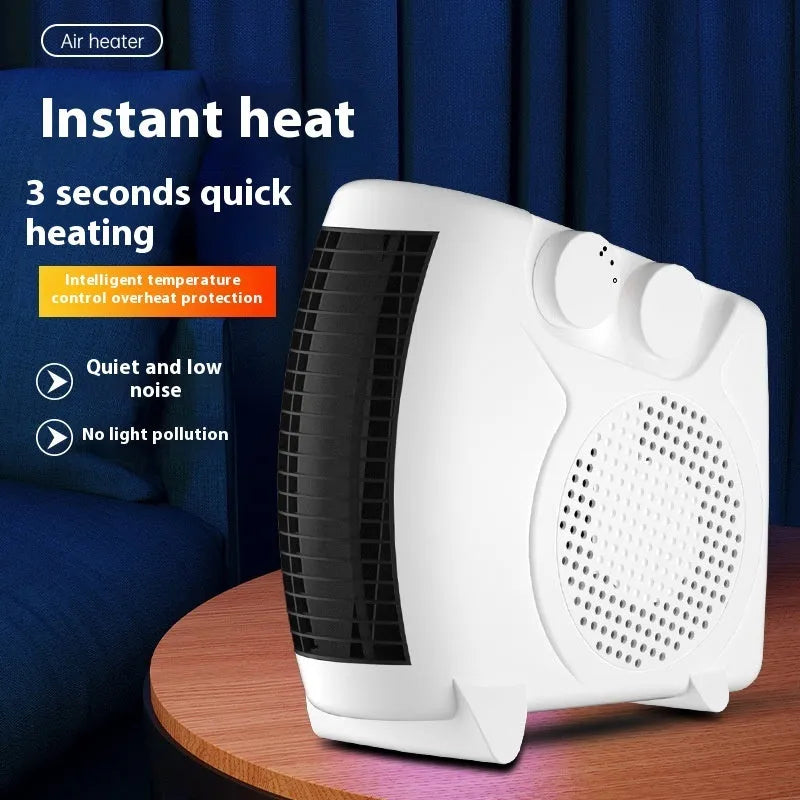 White compact electric desktop heater with heating wire technology and two fan speeds for small office spaces