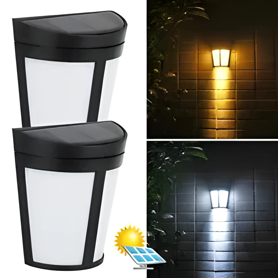 White solar wall lamp with six LED lights and IP65 waterproof rating for outdoor use