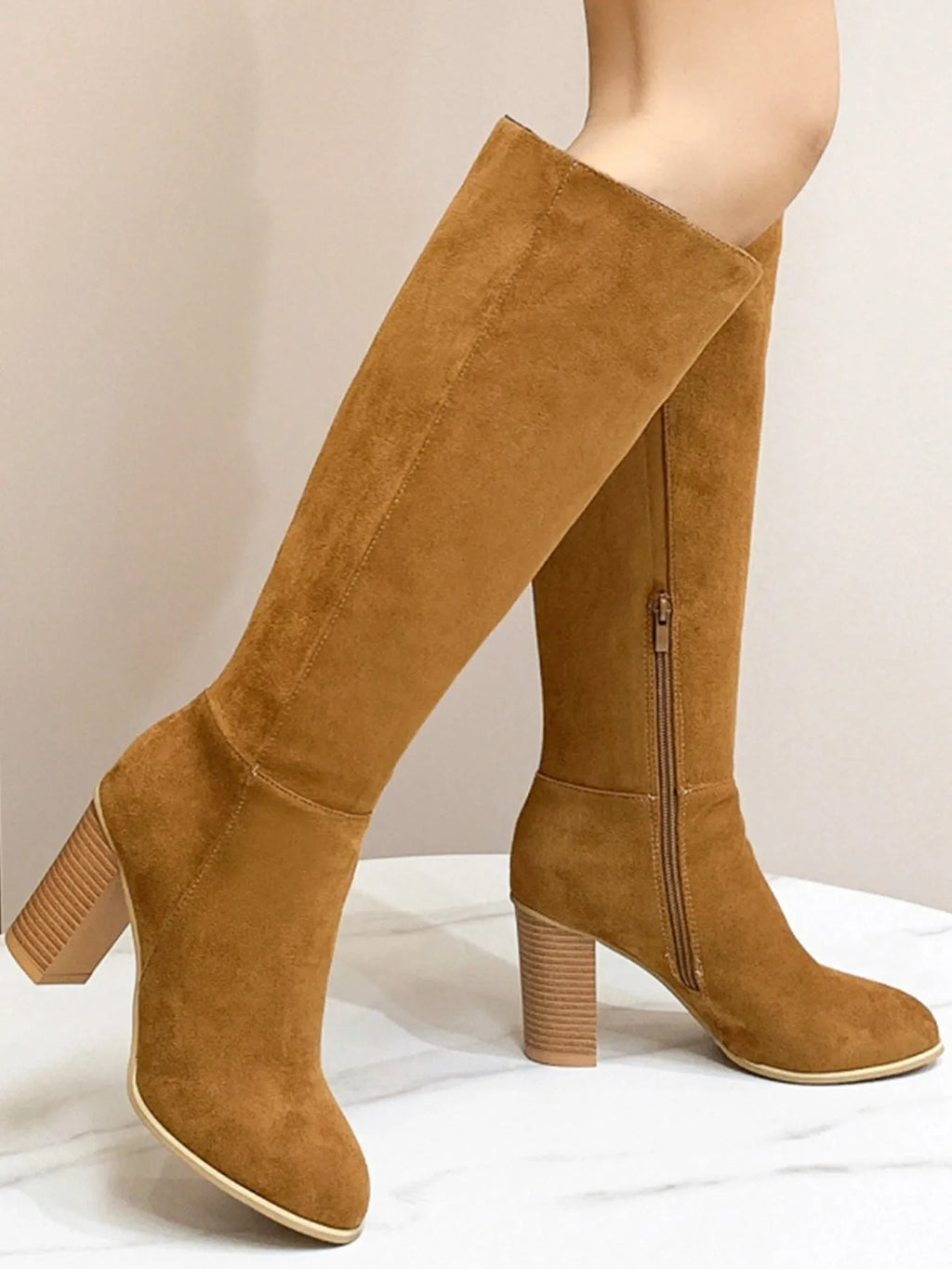 Women's black square toe high heel ankle boots with artificial PU leather upper