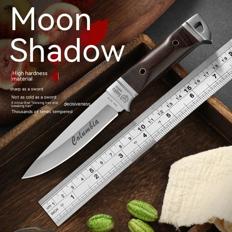 Camping portable fruit knife with stainless steel blade and leather protective case