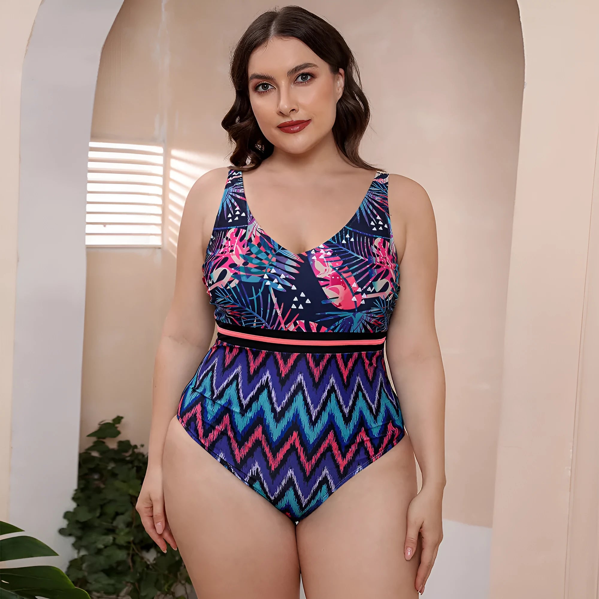 Blue striped vest style one-piece swimsuit with spaghetti straps for women on a mannequin.