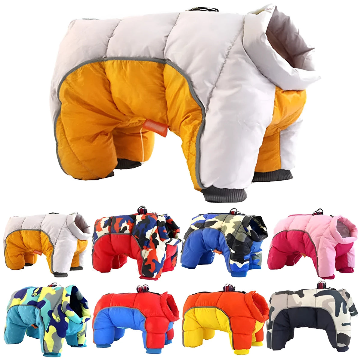 Thick warm cotton dog winter coat in silver, pink, red, camouflage and blue colour options, sizes S to 4XL