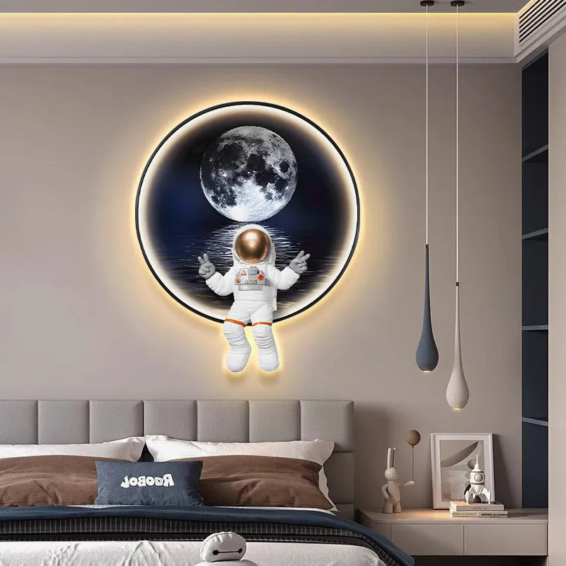 Frameless canvas spaceman wall painting in children's room with bedside lamp feature