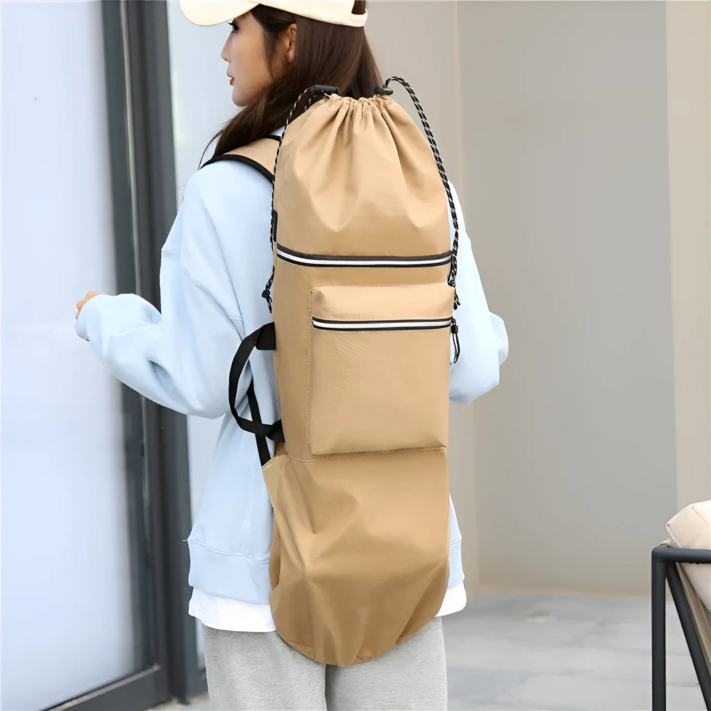 Lightweight waterproof skateboard backpack in black nylon with skateboard storage compartment