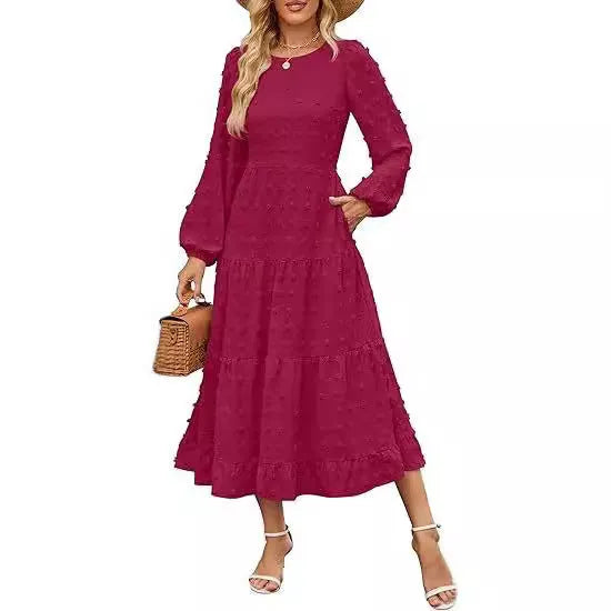 Long sleeve casual dress with ruffle sleeves and high waist in solid colour.