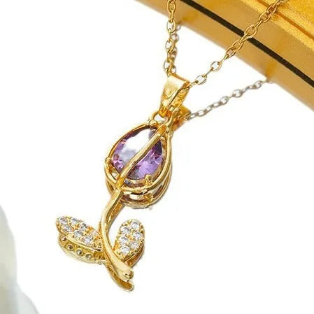 Women's zircon tulip necklace with electroplated finish on adjustable titanium steel chain showing floral pendant
