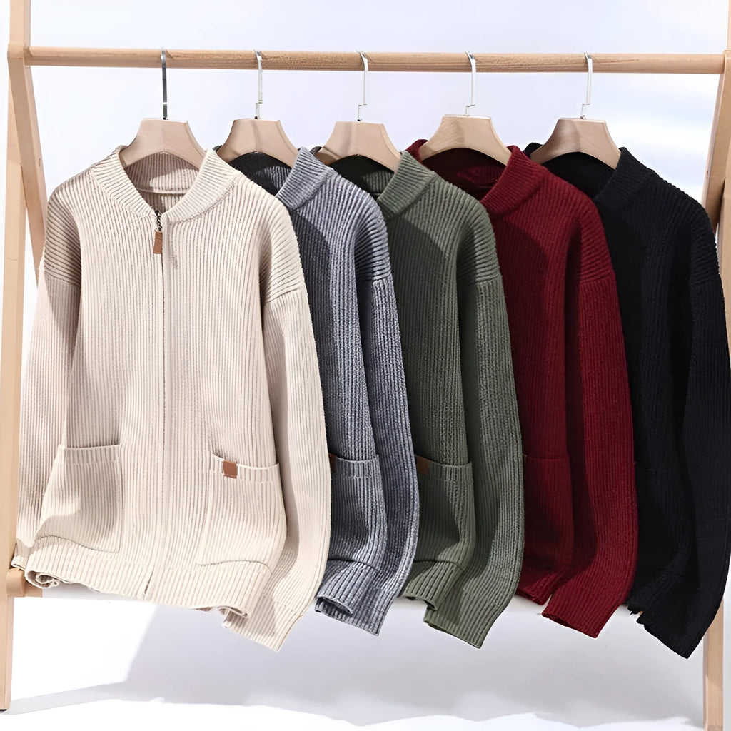 Men's striped cardigan in beige, available in sizes M to 4XL, straight cut.
