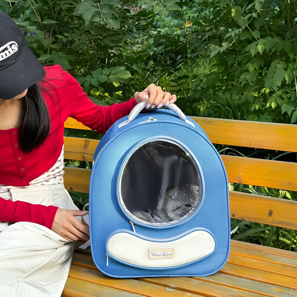Breathable space capsule pet carrier backpack in polyester, large capacity pet bag in blue, red, khaki or green