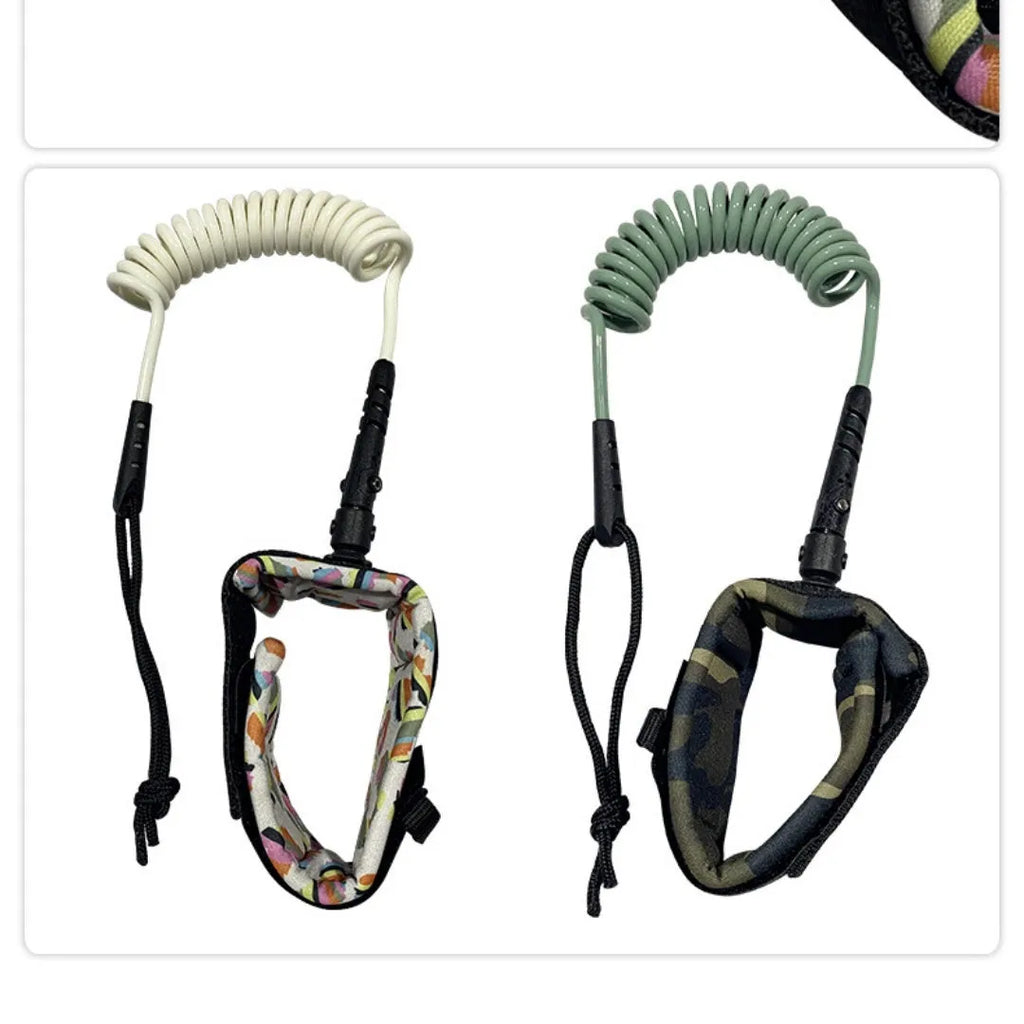Surfboard hand holding rope made from high-strength pulp, showing its elasticity and attachment to a board.