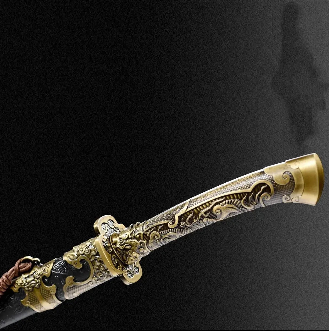 Fulong Wild Goose Feather Saber with integral keel, 108cm length, unsharpened high manganese steel blade, and leather-covered scabbard