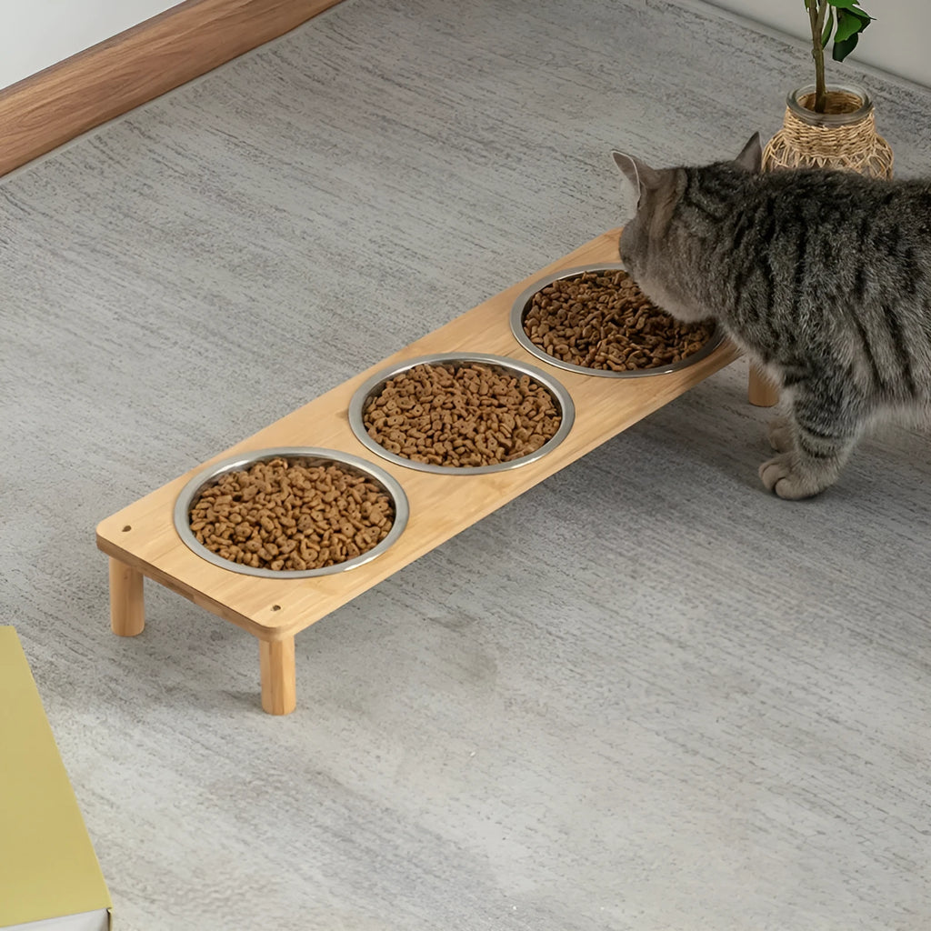Square bamboo pet feeder with two stainless steel bowls, anti-tumble dog and cat bowl set