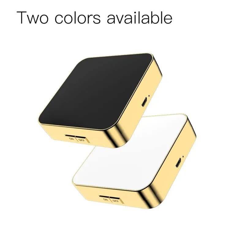 Makeup mirror with adjustable lighting showing black and white colour options with dual magnification surfaces