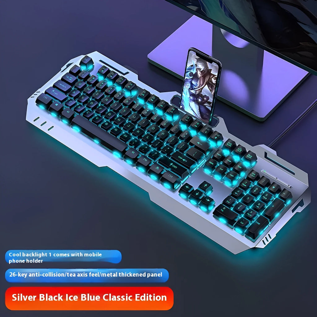 Aluminium alloy mechanical gaming keyboard with control knob in silver black colour with mixed lighting