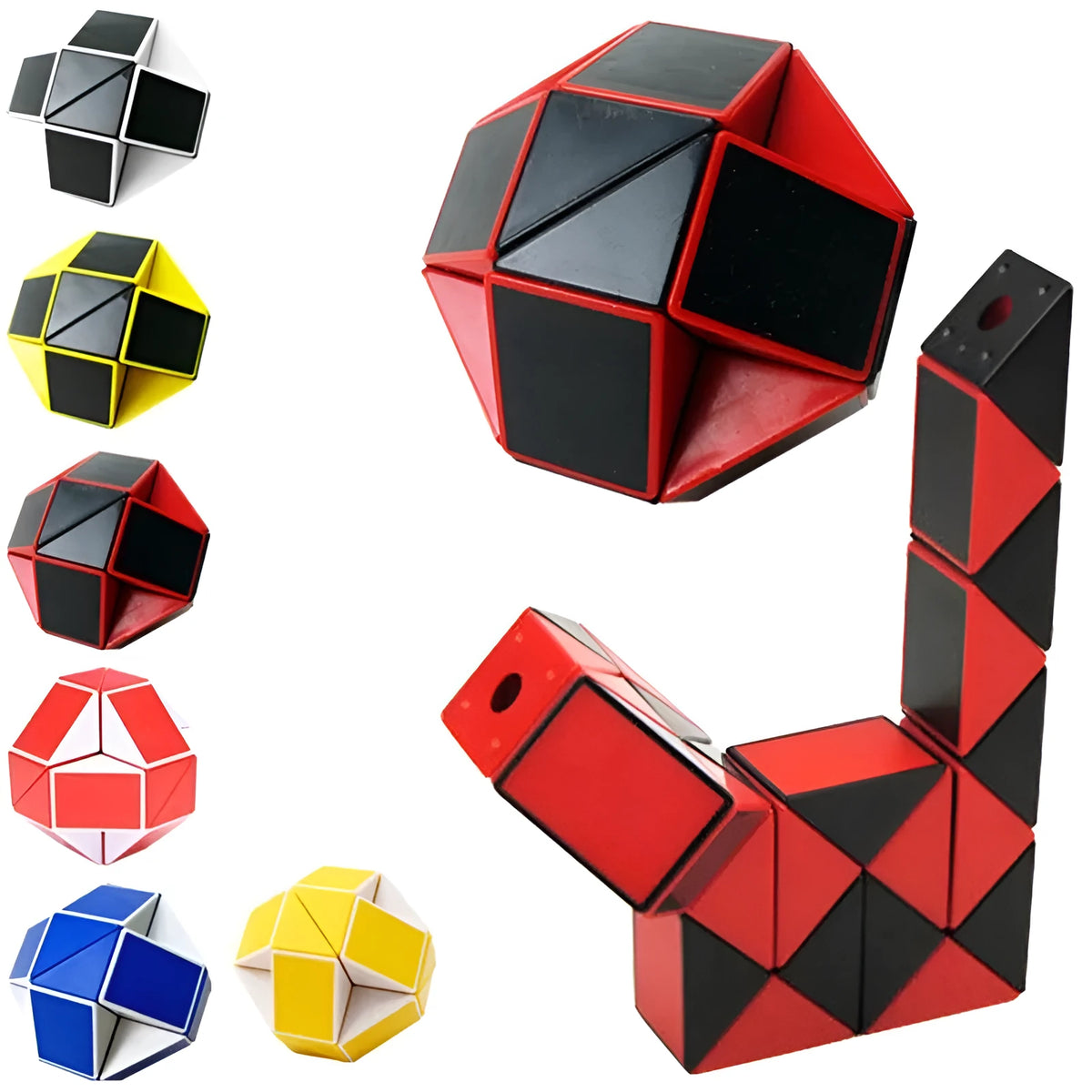 Magic Puzzle Snake twistable plastic fidget toy in small 5x5x5cm and large 7x7x7cm sizes with colourful segments.
