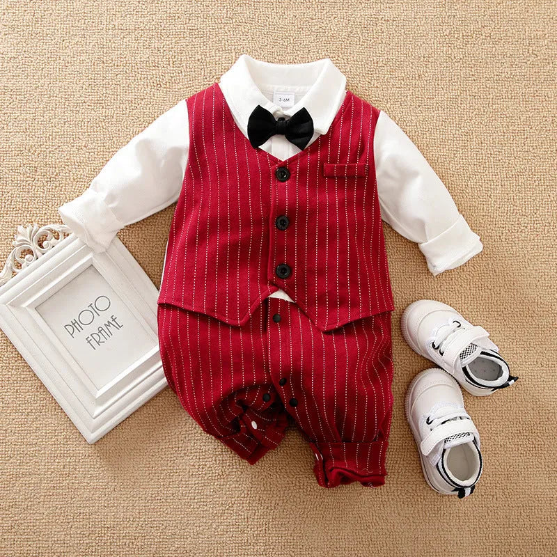 Wine red cotton baby boy romper with long sleeves and single-breasted buttons.