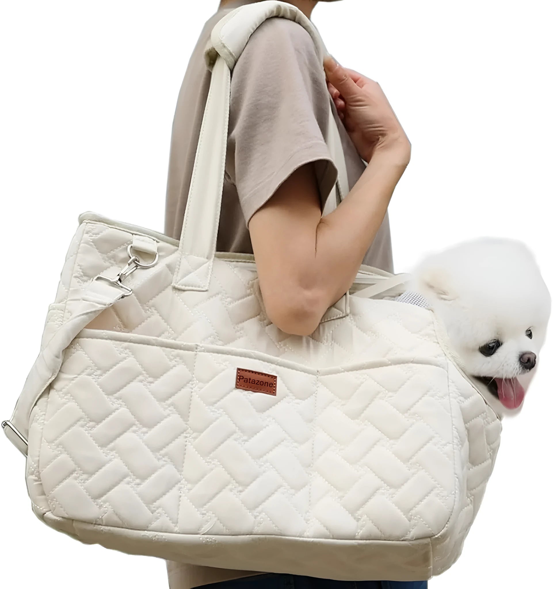 Grey pet carrier handbag with mesh panels and a safety cord, shown next to a white version.