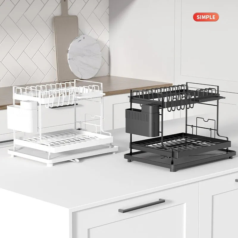 White double-tier metal kitchen storage rack holding pots and pans.