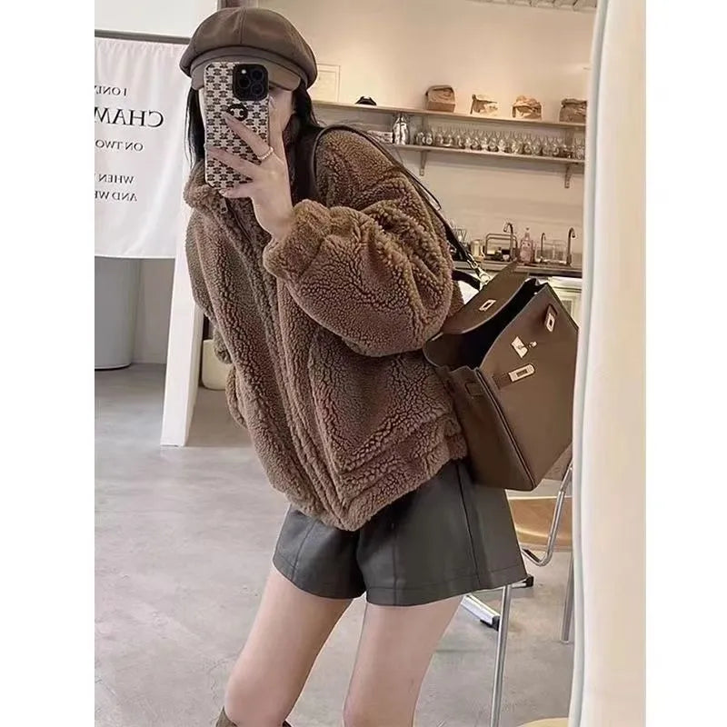 Top Long Sleeve Faux Cashmere Stand Collar Small Coat in Brown for Women