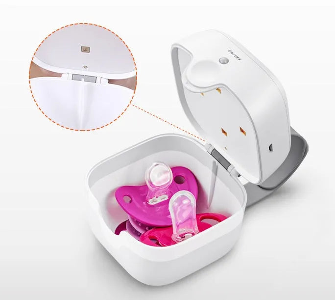 White or pink baby pacifier disinfection box, 9.5cm ABS case with 260-280nm LED and lid-open safety cut-off