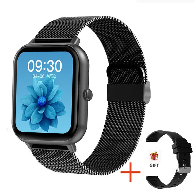 ZL54C Smart Watch in black with Milan steel strap showing heart rate and blood oxygen monitoring
