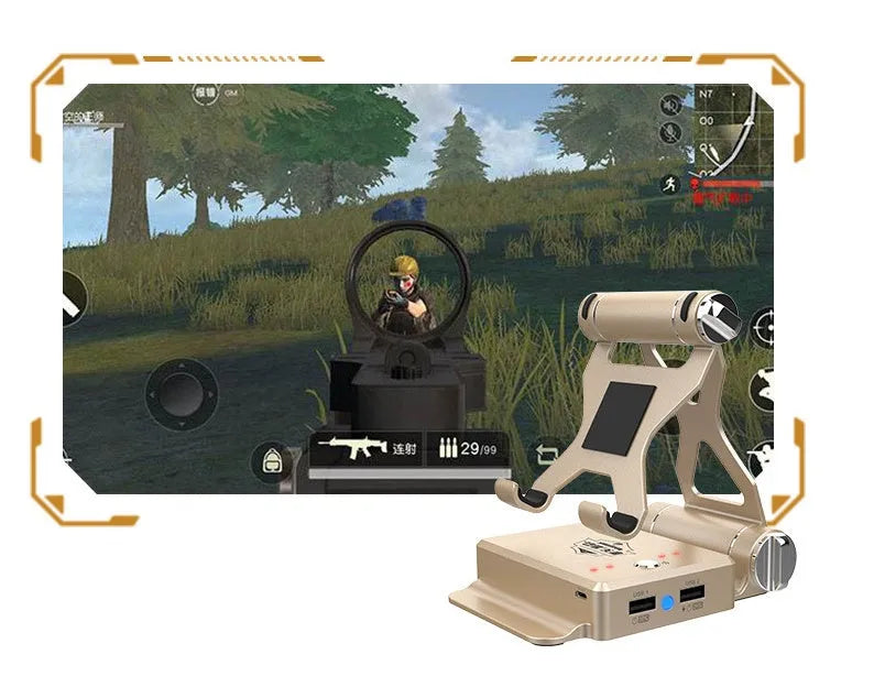 Gamesir-X1 Eat Chicken Throne Bluetooth mobile gaming controller adapter in gold or silver on a desk.