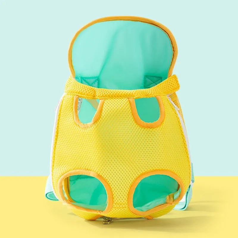 Cartoon animal print pet chest bag in soft canvas with colourful stitching, shown in Beka yellow bear design.