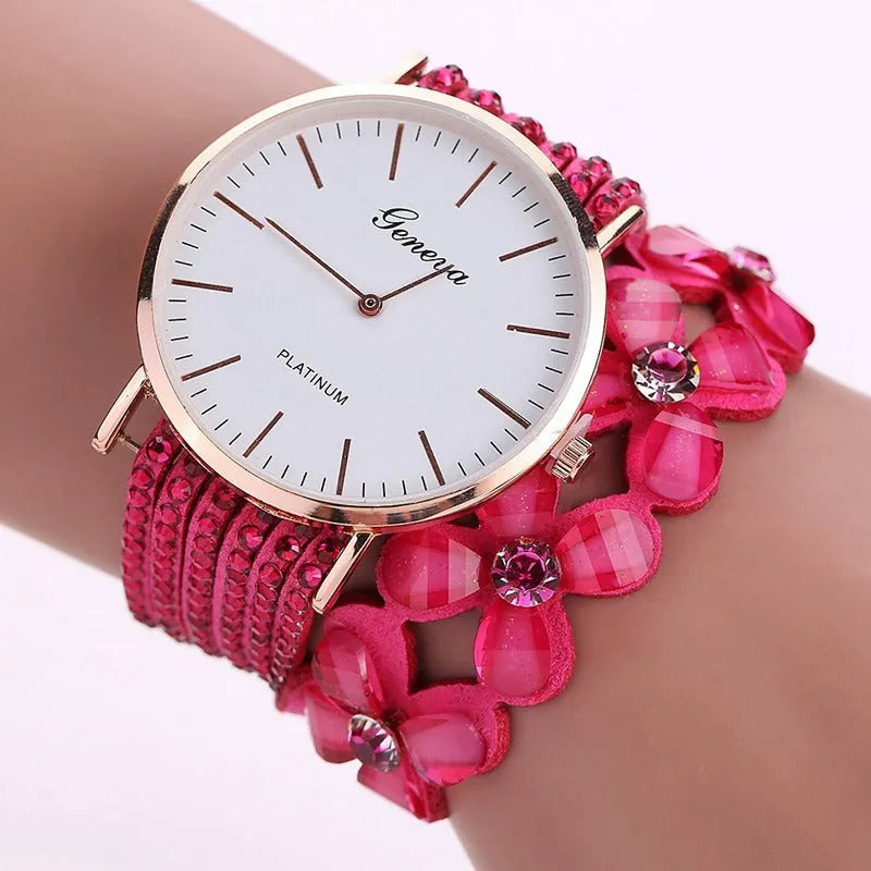 Ladies Geneva flower dial quartz watch with crystal diamond bezel and bracelet strap in black, blue, coffee, red or white
