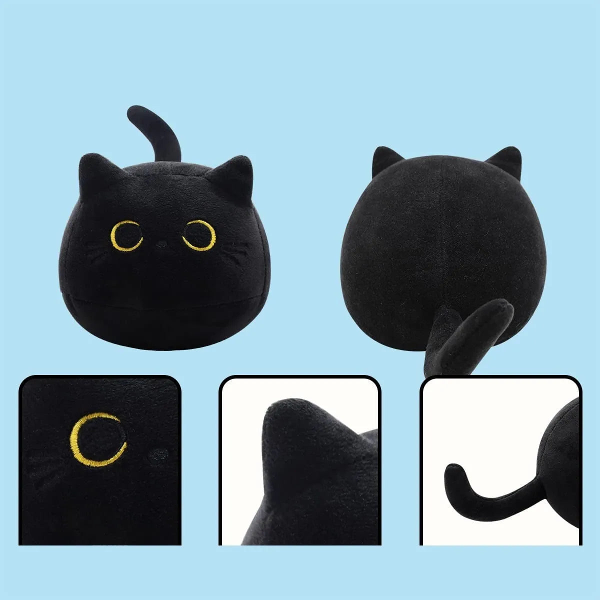 Fluffy black cat plush toy pillow cushion measuring 35 cm in length