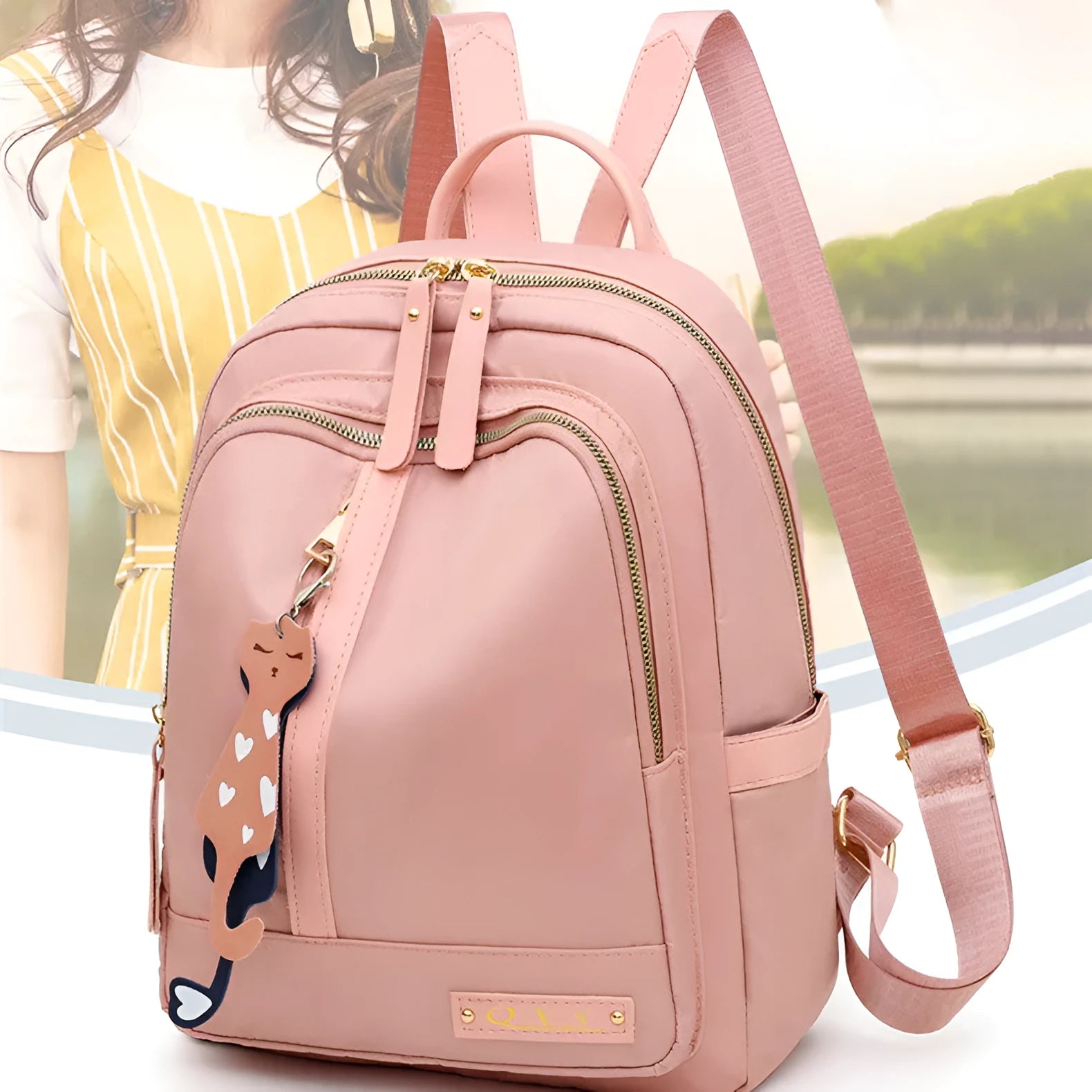 Women's black casual nylon backpack with double straps and a front pocket, shown next to a pink version.