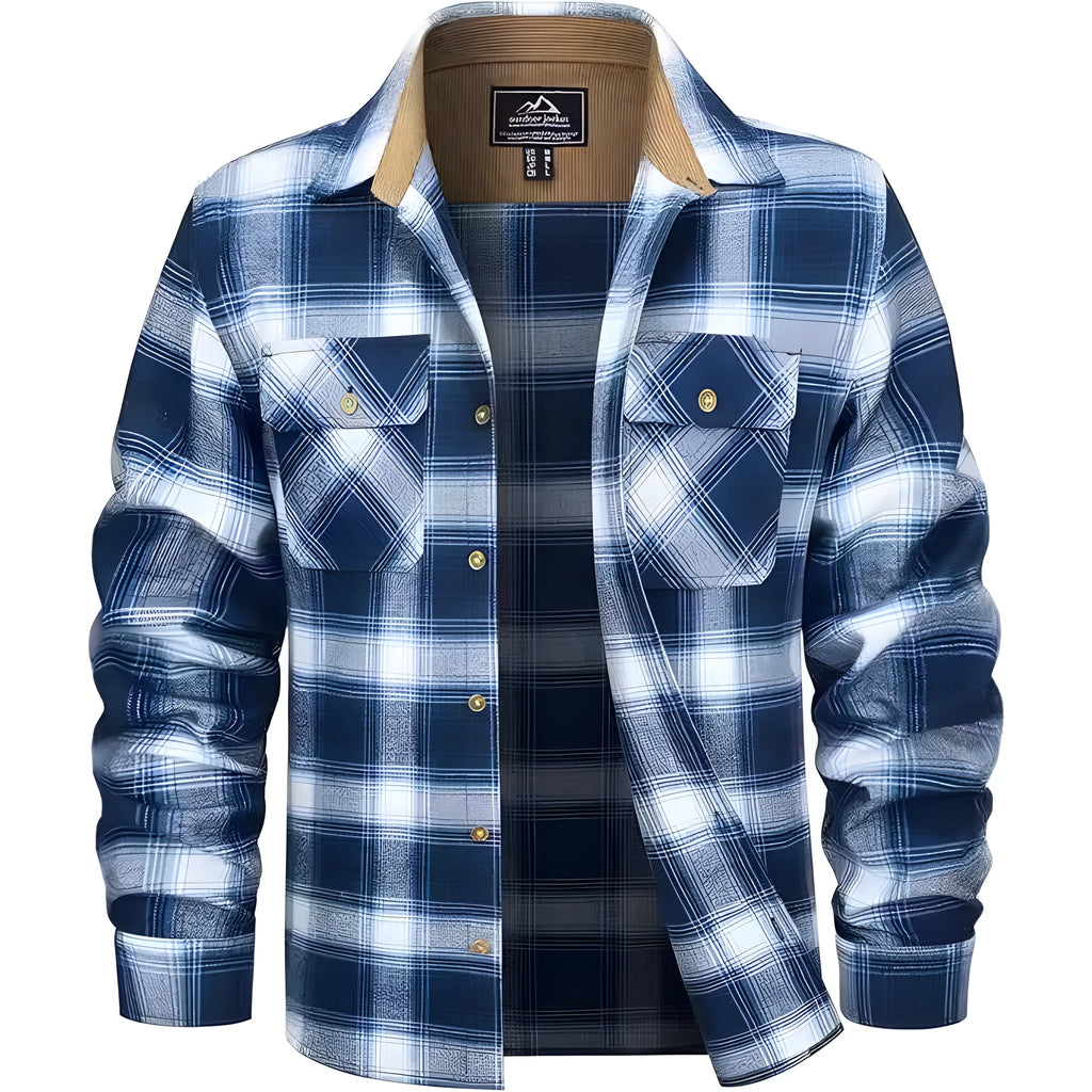 Men's flannel button shirt showing plaid pattern in multiple colour options with cardigan-style cut