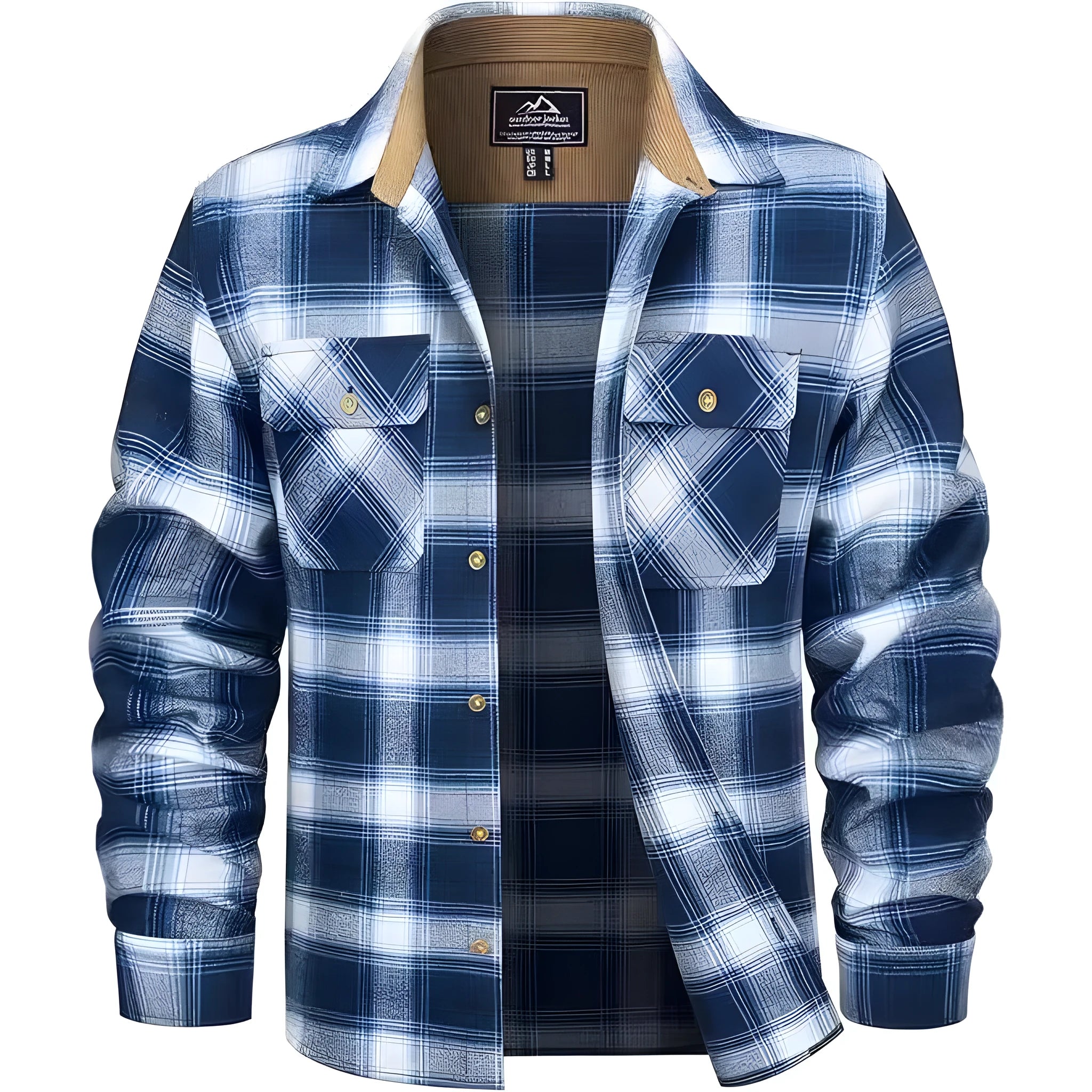 Men's flannel button shirt showing plaid pattern in multiple colour options with cardigan-style cut