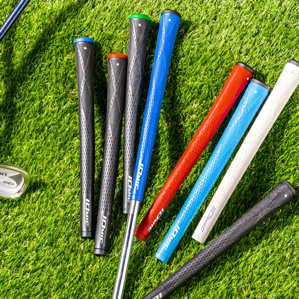 TPE golf club grip shown in multiple colour options including pink, red, blue, white, and black with red, green, or blue head.