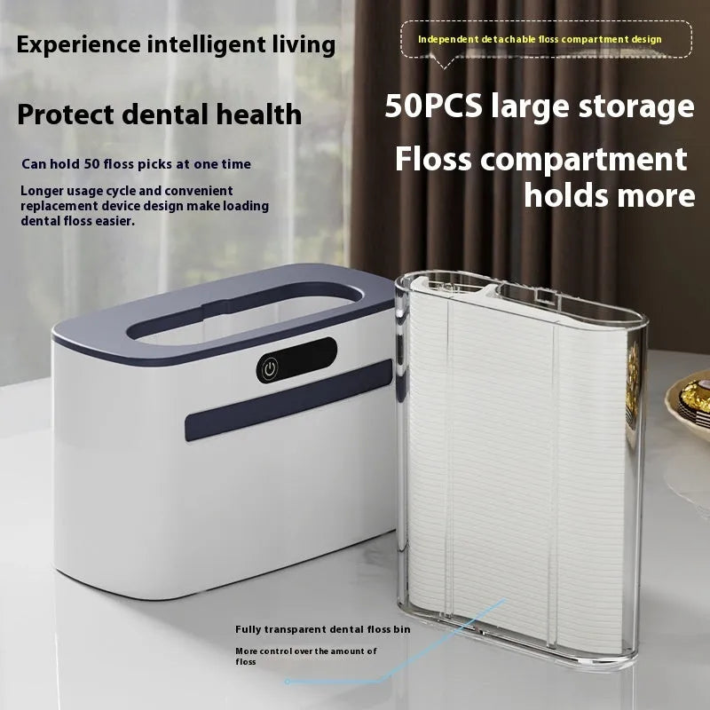 Intelligent induction dental floss box in dark grey, light grey, and gold colours showing automatic pop-up mechanism.