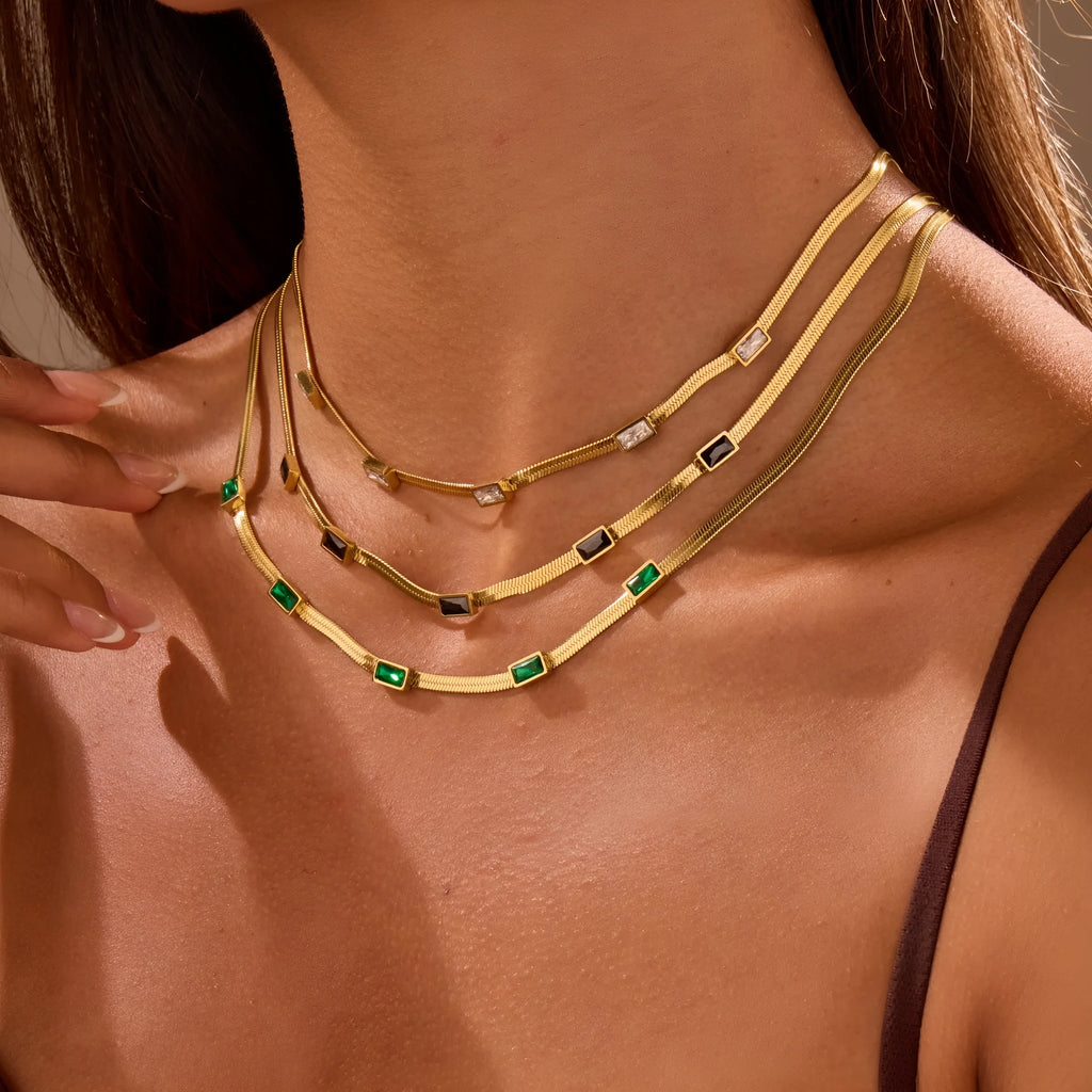 Retro geometric square zircon necklace on stainless steel chain with gold plating