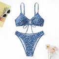 Blue polyester three-piece swimsuit set without underwire, showing separate top and shorts