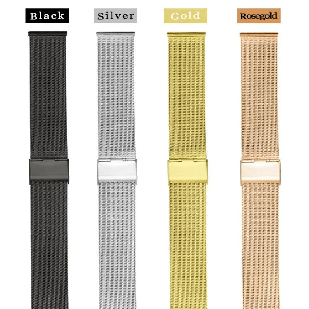 Milani silk woven stainless steel watch band in silver, shown alongside black, rose gold and gold colour options.