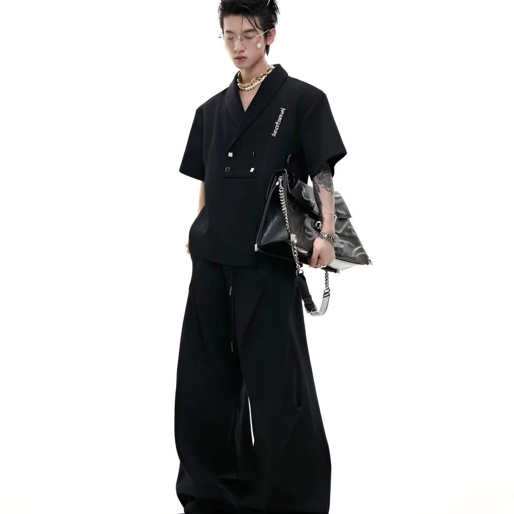 Men's dark grey cotton sports suit with V-neck padded shoulder jacket and matching shorts