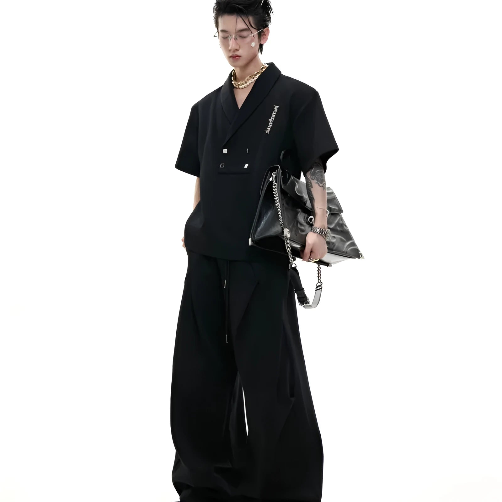Men's dark grey cotton sports suit with V-neck padded shoulder jacket and matching shorts