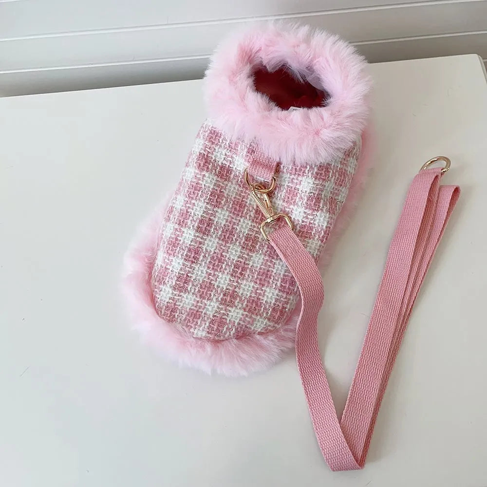 Pink cat costume set with cloak, beret and hand-holding rope