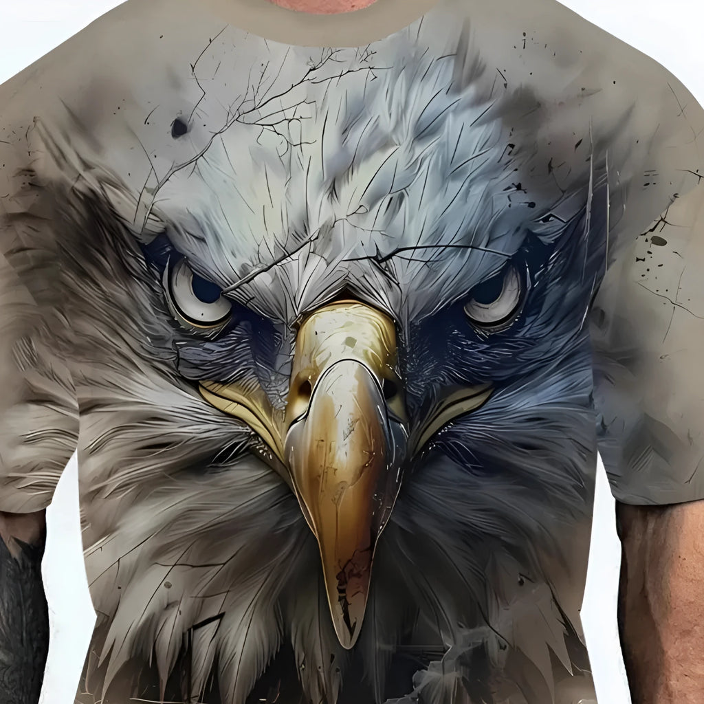 Men's loose fit graphic t-shirt with coloured letters or eagle head design in chemical fibre blend fabric