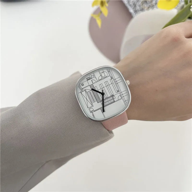 Square women's watch with 43mm dial, 12mm thickness, imitation leather strap, stainless steel pin buckle, five colour options
