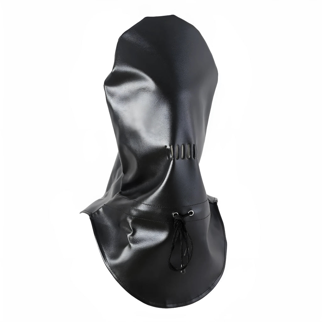 Black leather training mask with eye openings and adjustable strap