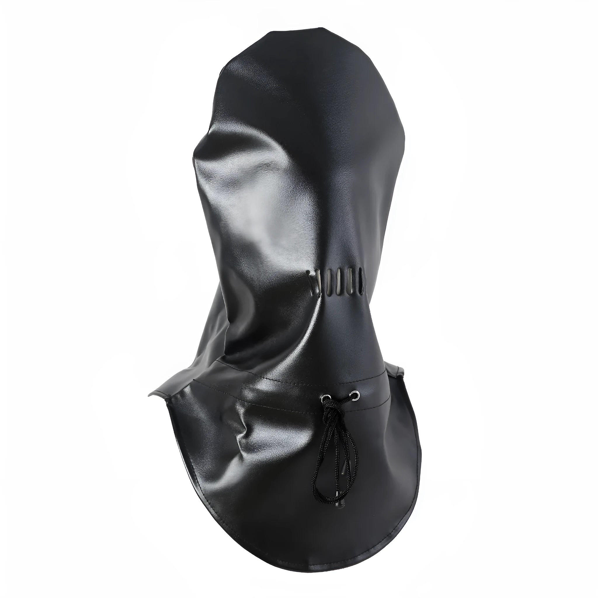 Black leather training mask with eye openings and adjustable strap